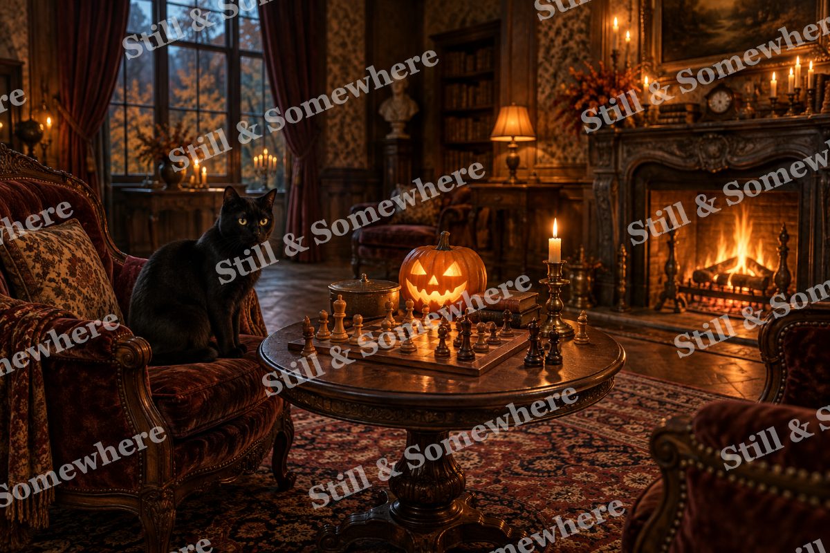 Black Cat at the Chess Table, original artwork preview