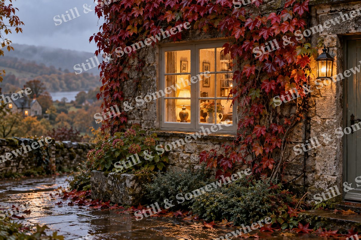 October Cottage Window, original artwork preview