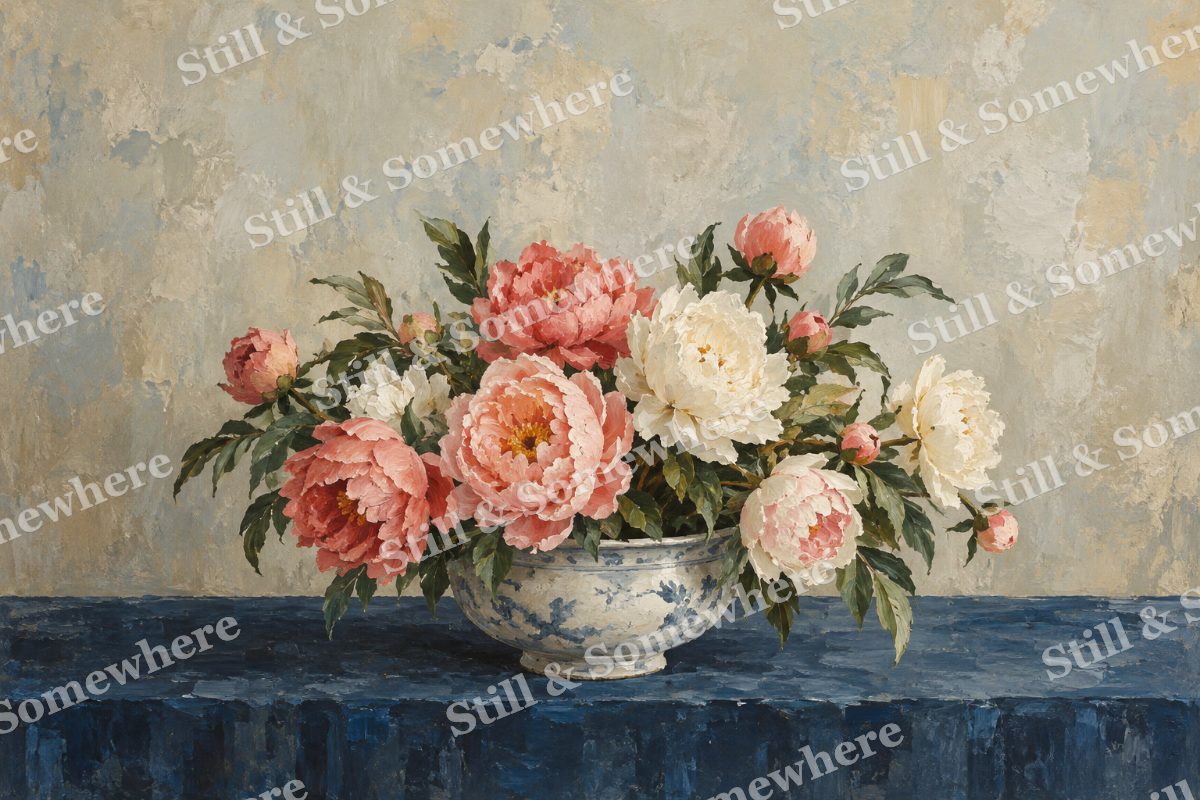 Peonies in a Blue Porcelain Bowl, original artwork preview