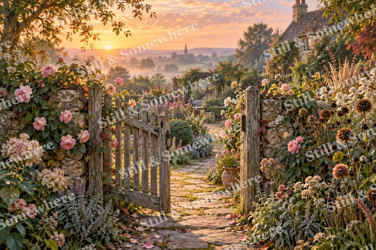 Cottage Garden Gate at Sunrise, original artwork preview