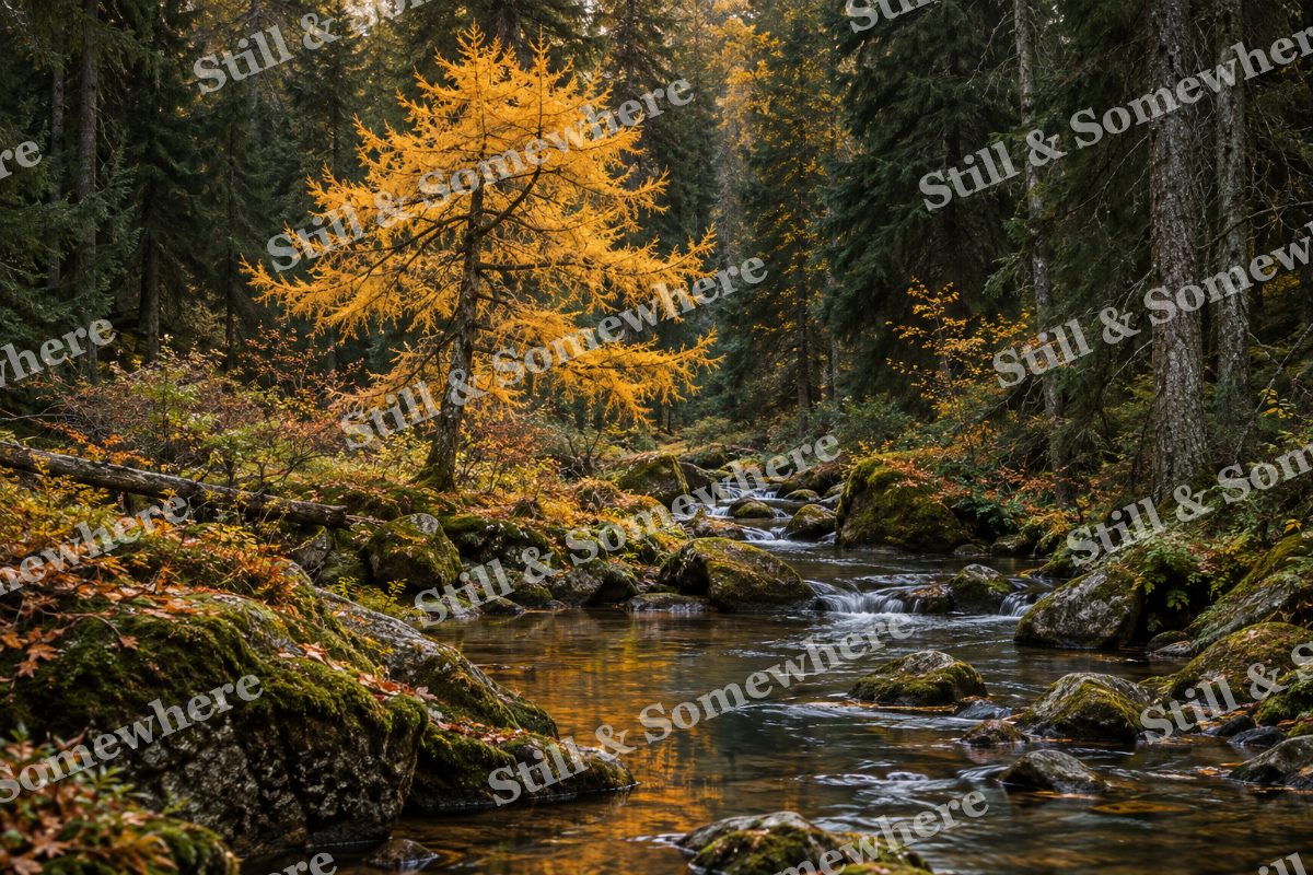 Golden Larch beside a Creek, original artwork preview