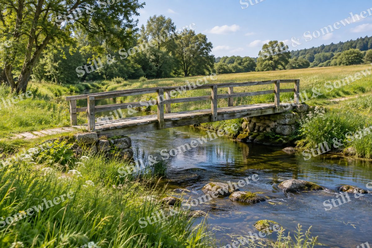 Pastoral Stream and Wooden Footbridge, original artwork preview