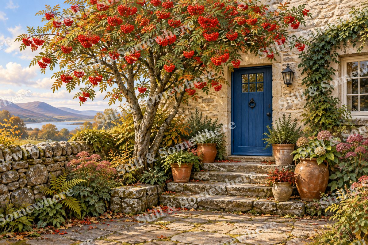 Blue Door under Rowan Berries, original artwork preview