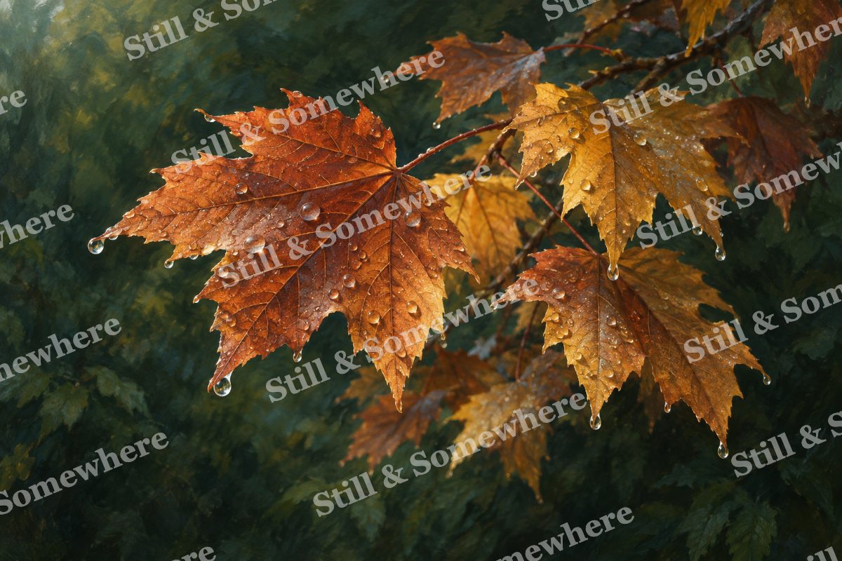 Copper Maple Leaves in Morning Dew, original artwork preview