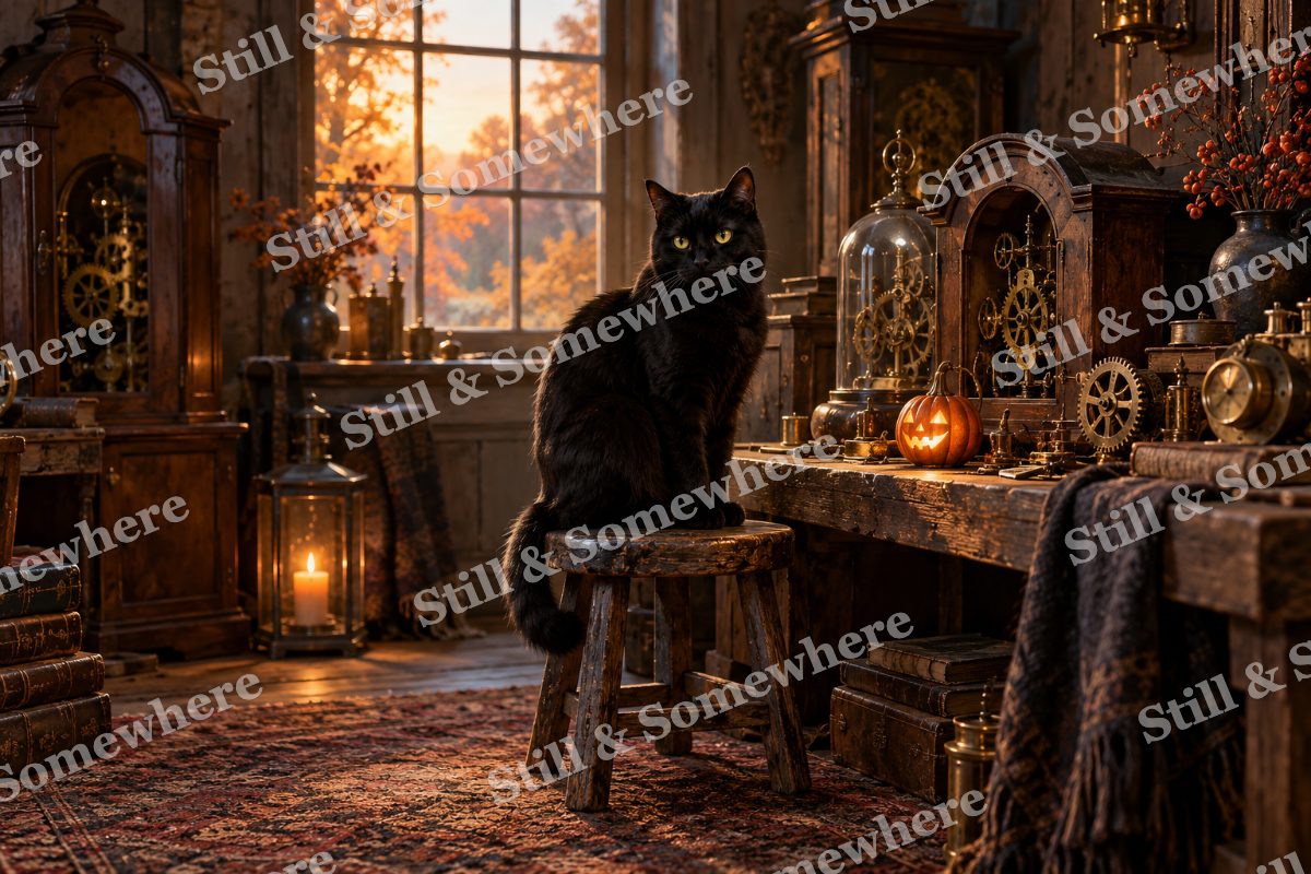 Black Cat in the Clockmakers Room, original artwork preview