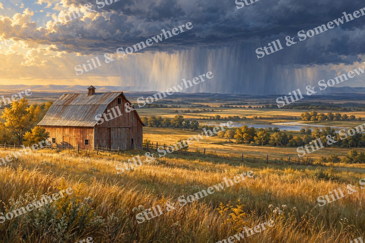 Rain Moving across the Prairie Farm, original artwork preview