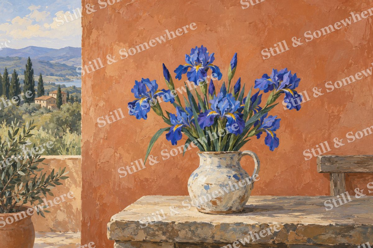 Irises against a Clay Wall, original artwork preview