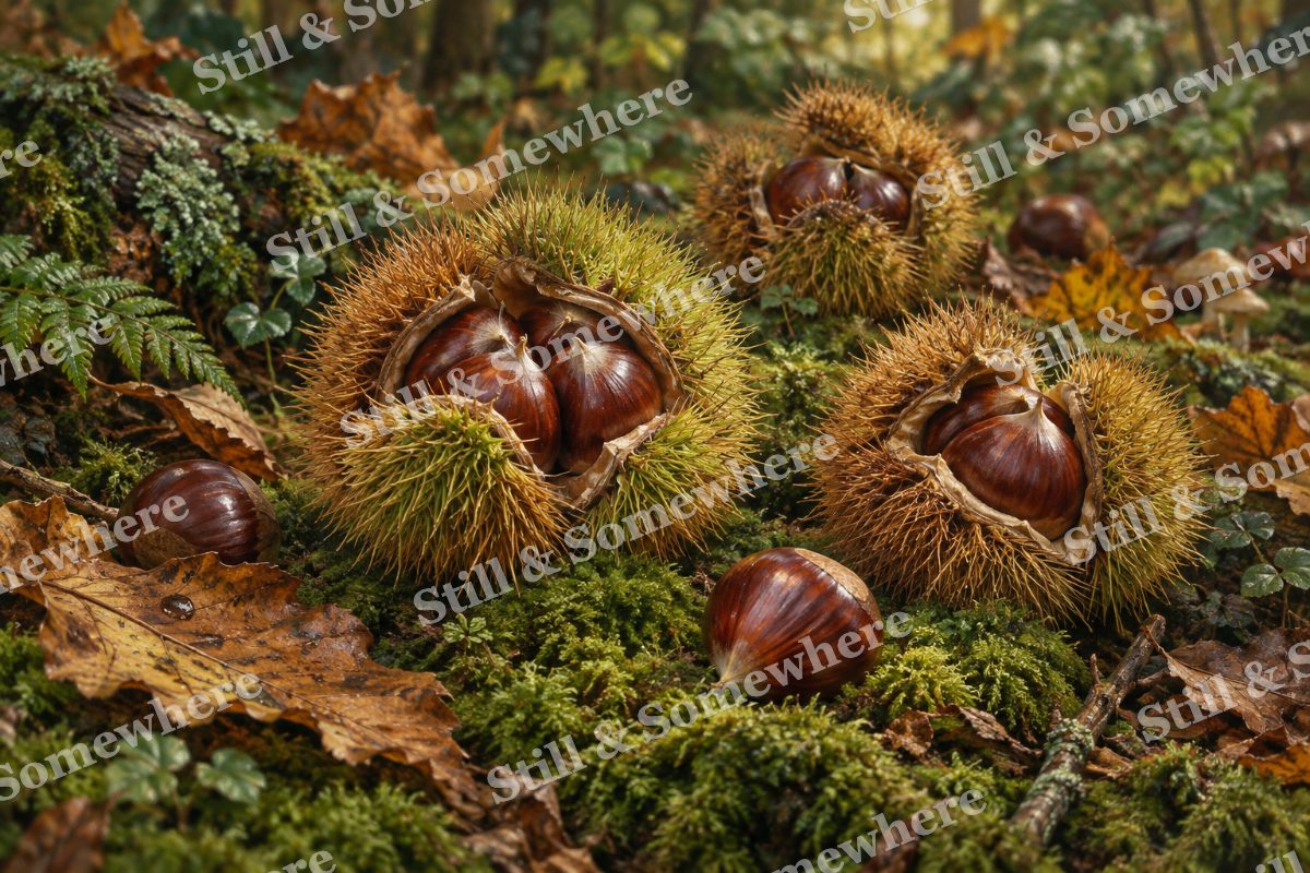 Chestnut Burrs on Moss, original artwork preview