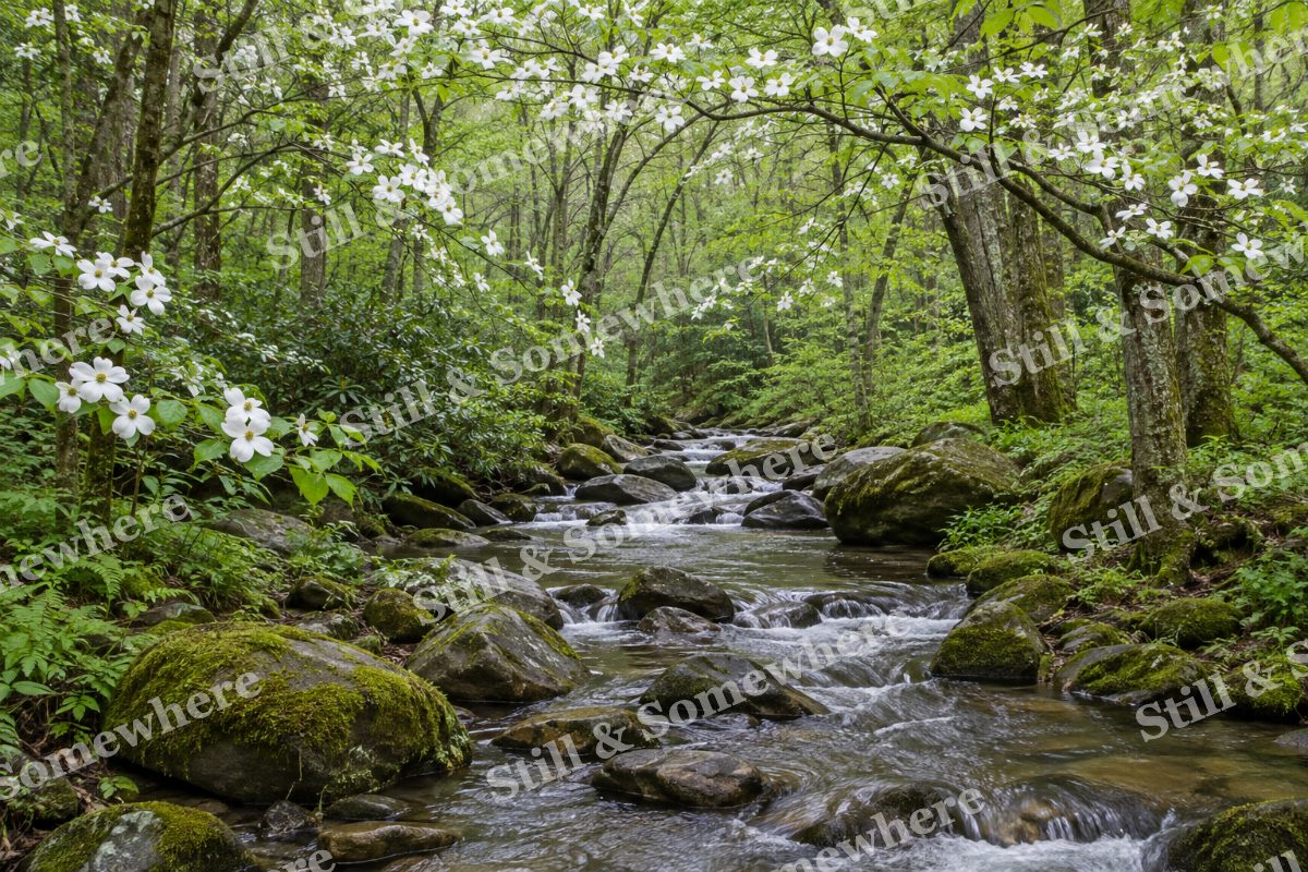 Spring Creek Beneath Blooming Dogwoods, original artwork preview