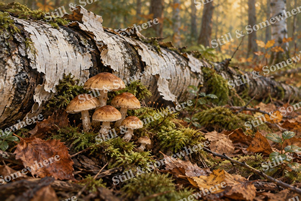 Mushrooms beside the Fallen Birch, original artwork preview