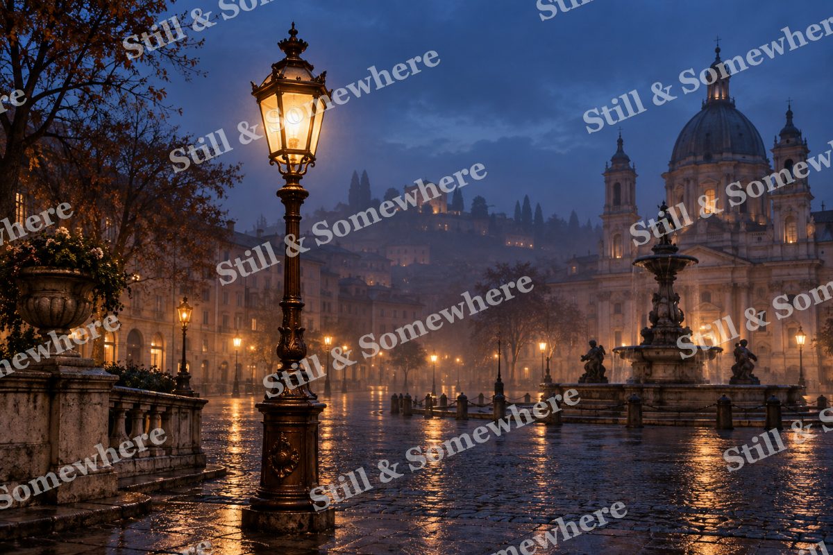 Lights Copper Streetlamp in Mist, original artwork preview
