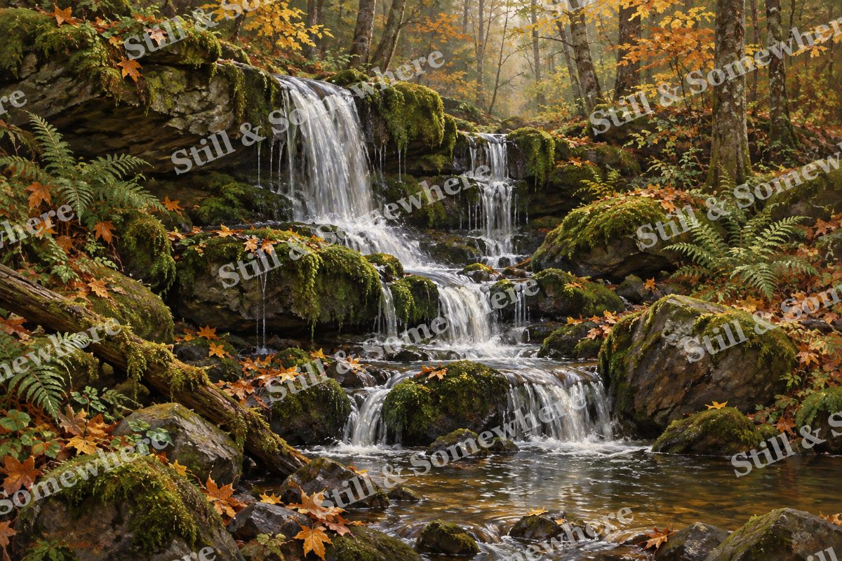 Waterfall beneath Autumn Moss, original artwork preview