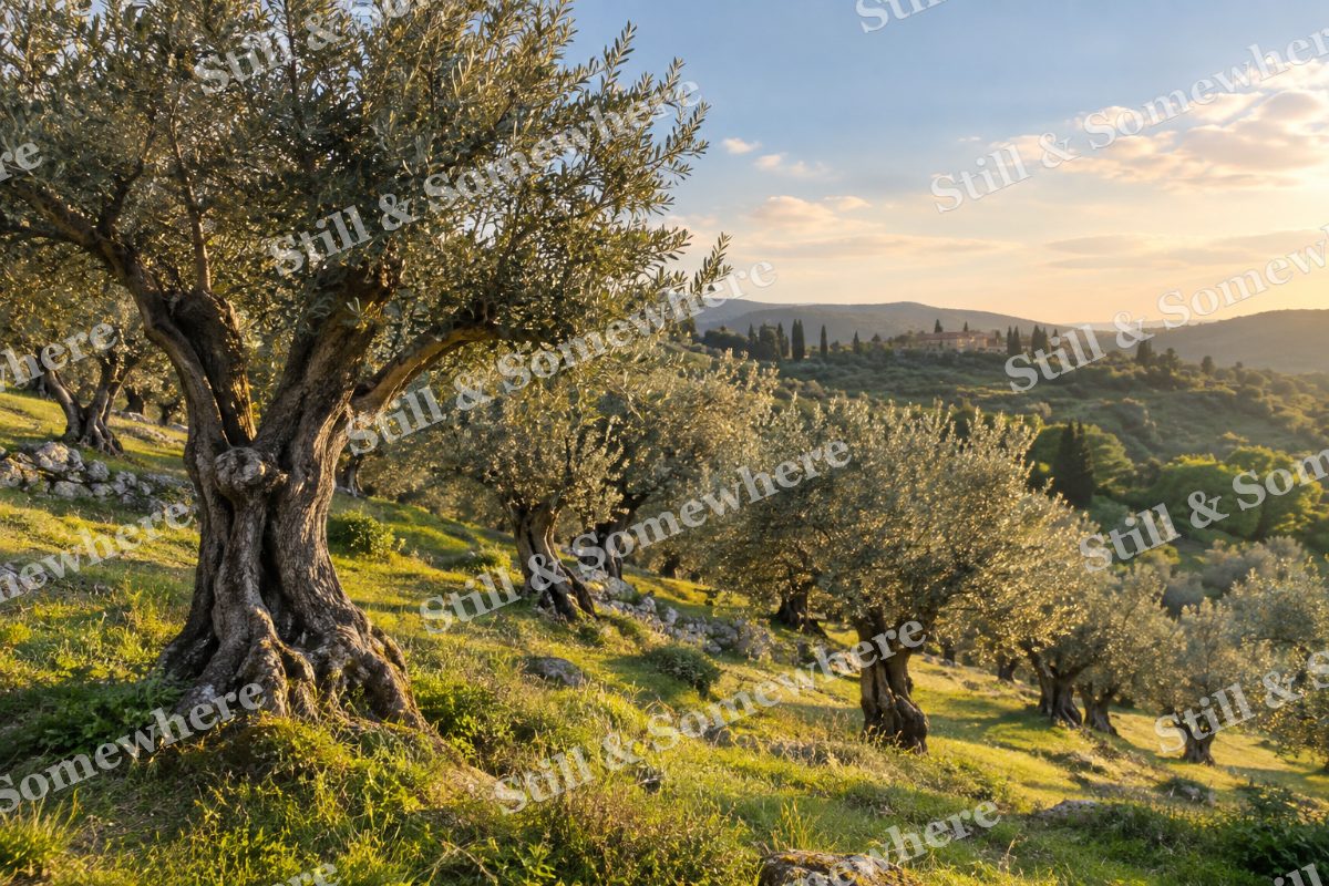 Mature Olive Grove on Grassy Slope, original artwork preview