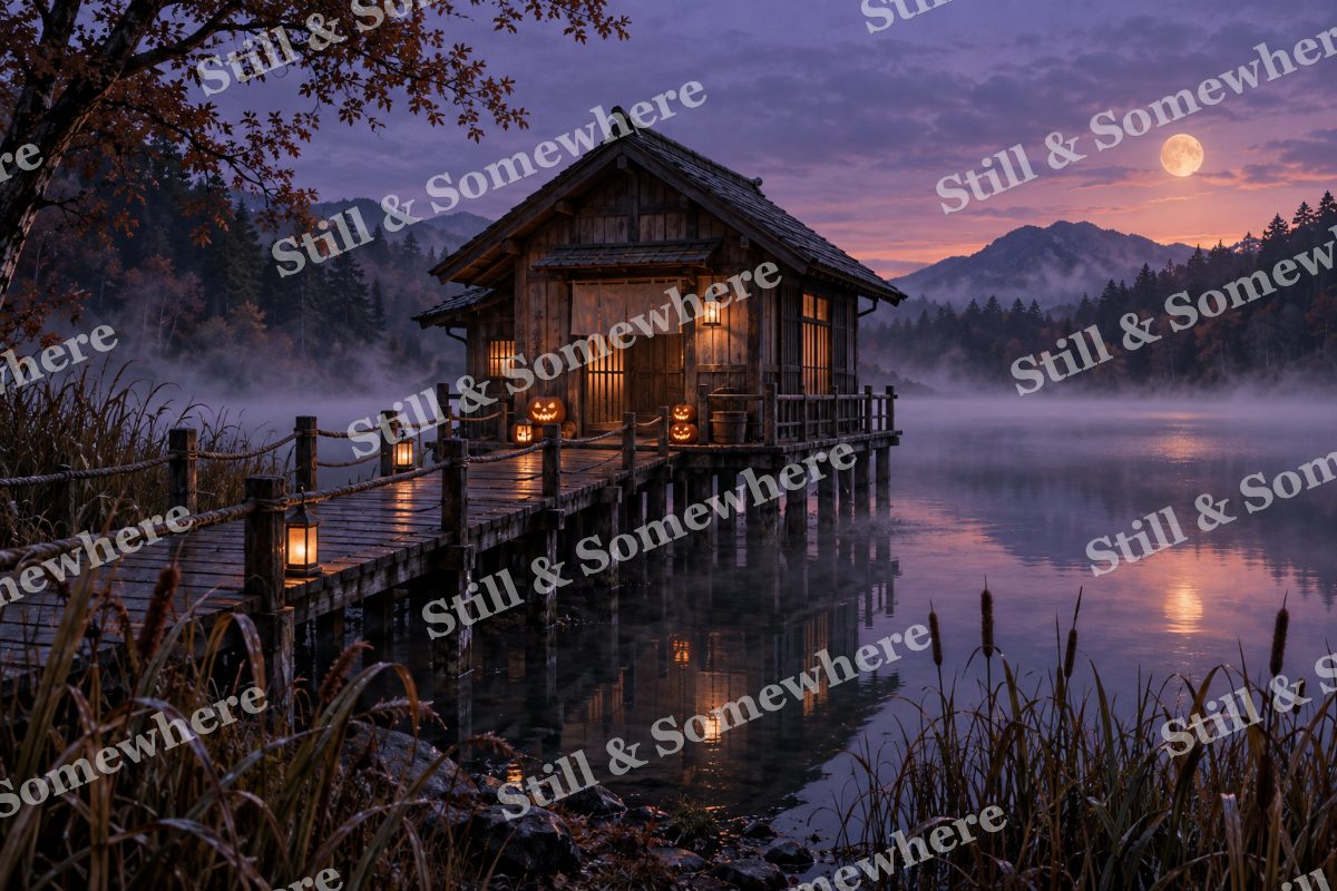 Autumn Bathhouse by the Lake, original artwork preview