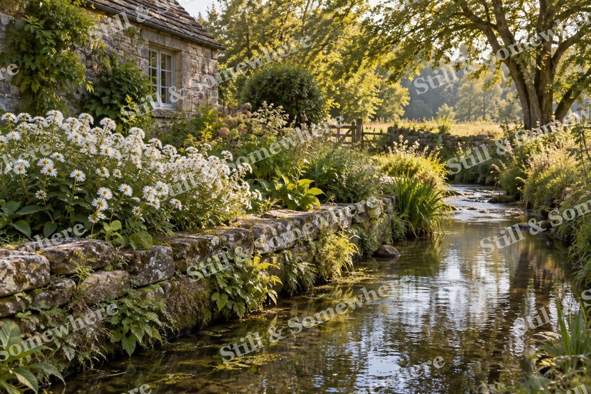Landscapes Soft Sunshine on a Brookside Garden, original artwork preview