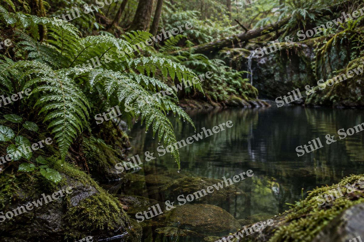 Landscapes Rain Drops on Ferns Beside a Forest Pool, original artwork preview
