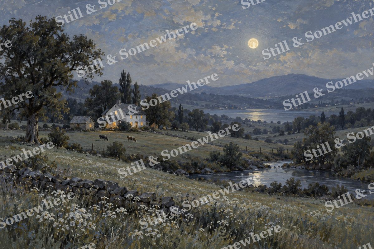 Moonlit White Farmhouse, original artwork preview
