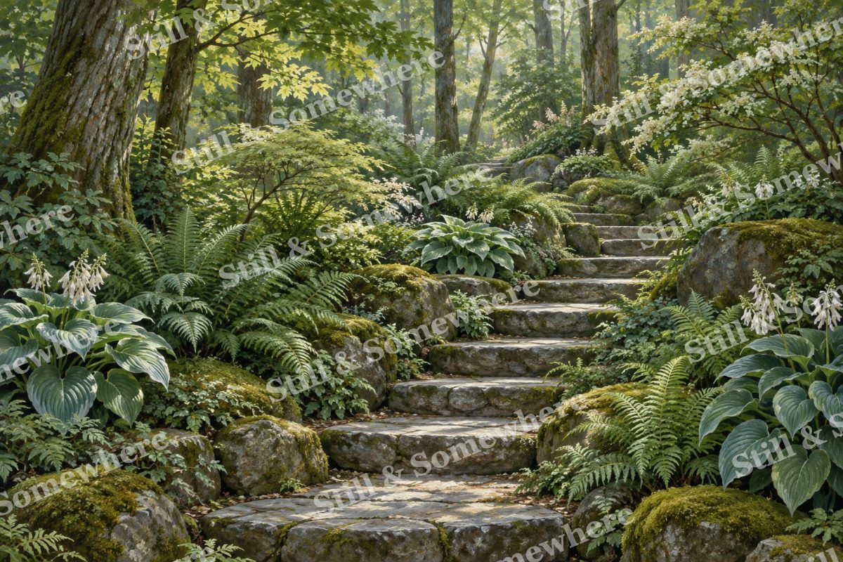Woodland Garden with Fern Steps, original artwork preview