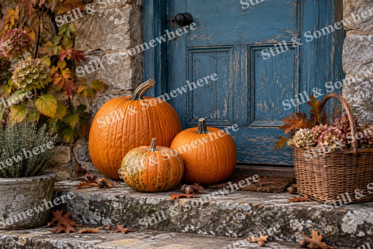 Pumpkins by a Blue Door, original artwork preview