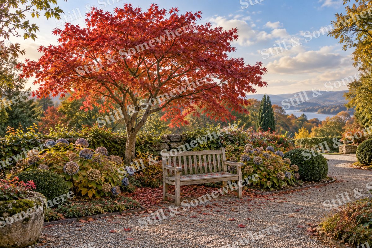 A Bench under the Scarlet Maple, original artwork preview