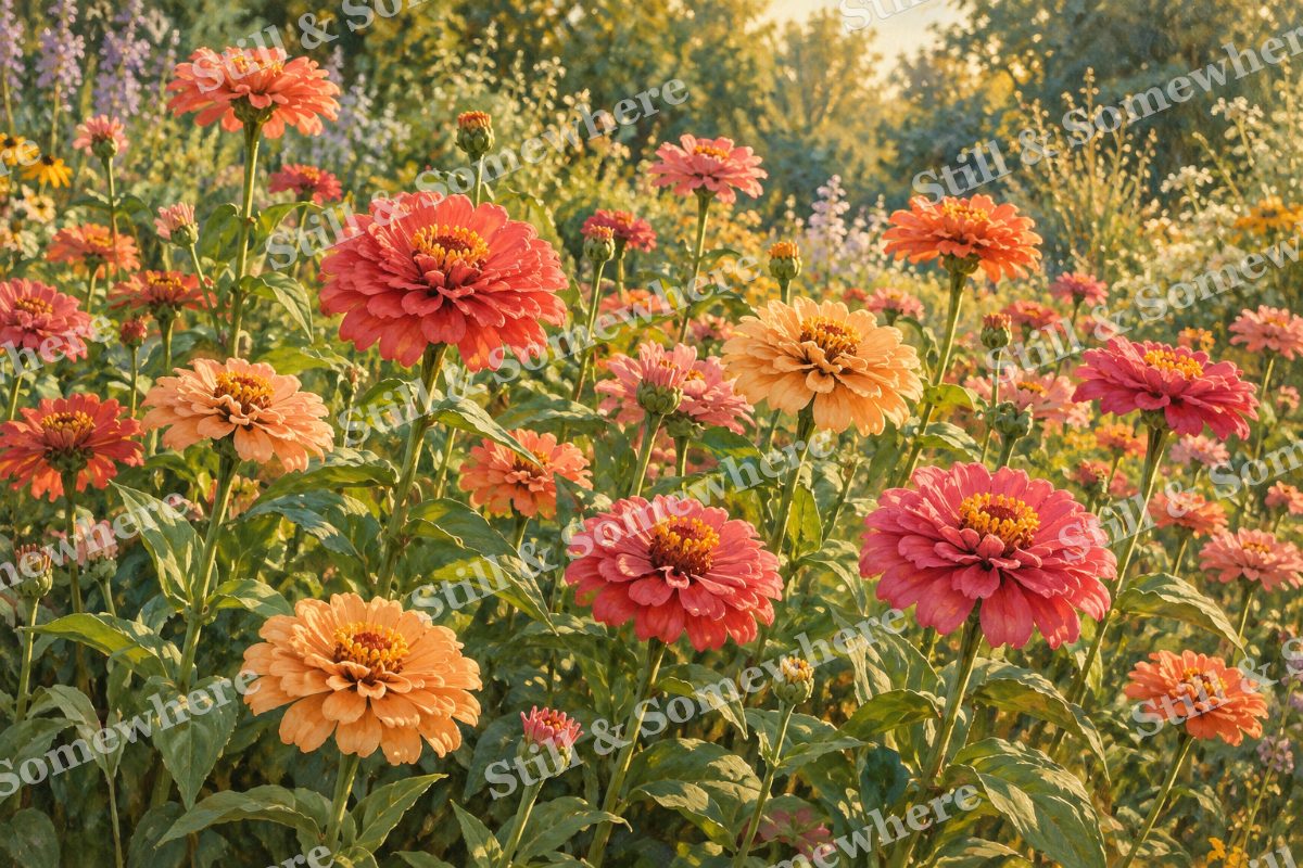 Zinnias in Late Summer Color, original artwork preview