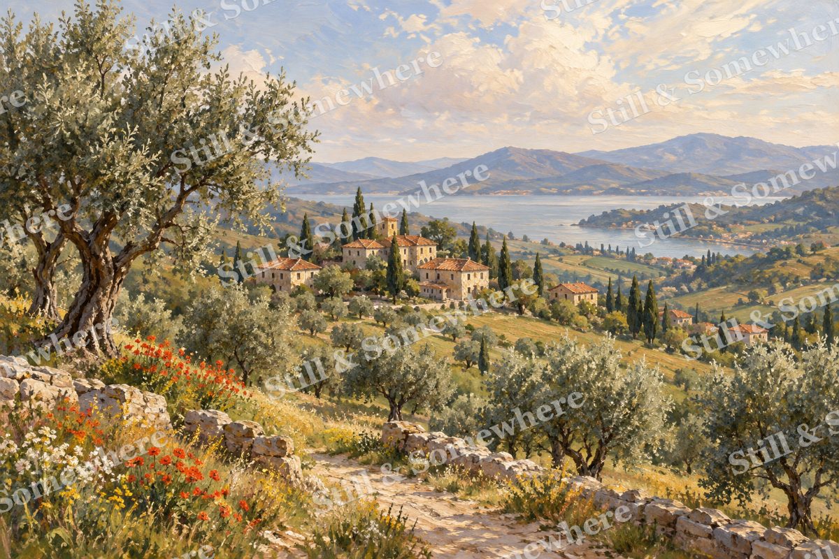 Distant Red Roofs, original artwork preview