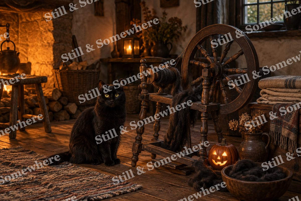 Black Cat by the Spinning Wheel, original artwork preview