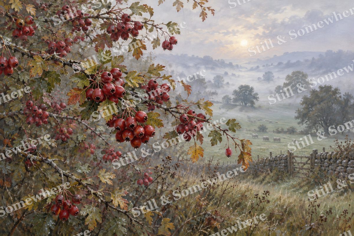 Hawthorn Berries in the Mist, original artwork preview