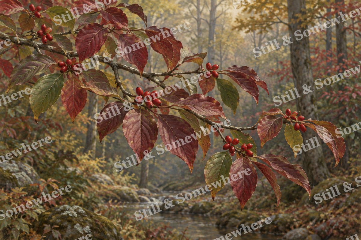 Dogwood Leaves and Red Fruit, original artwork preview