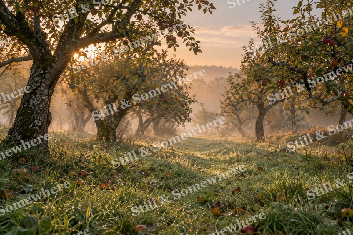 Landscapes Morning Mist Between Apple Orchard Rows, original artwork preview