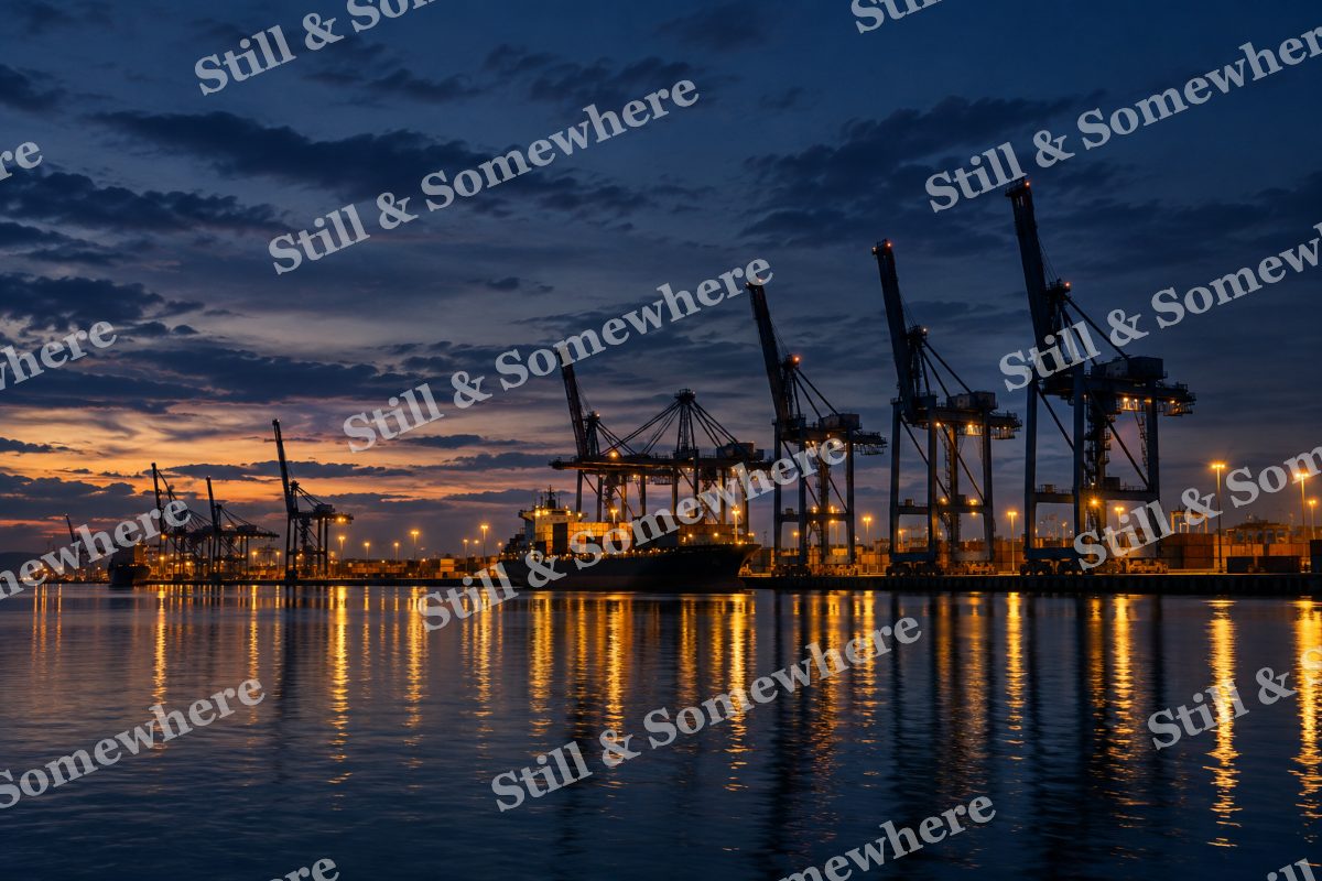 Lights Harbor Cranes at Twilight, original artwork preview