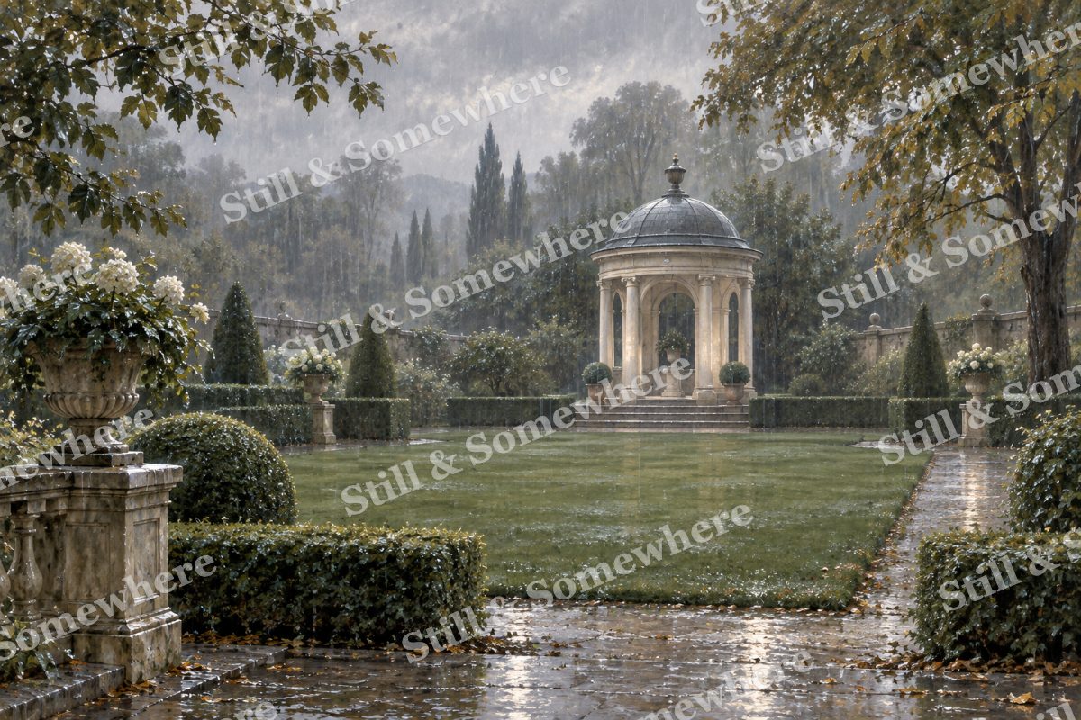 Garden Pavilion in Silver Rain, original artwork preview