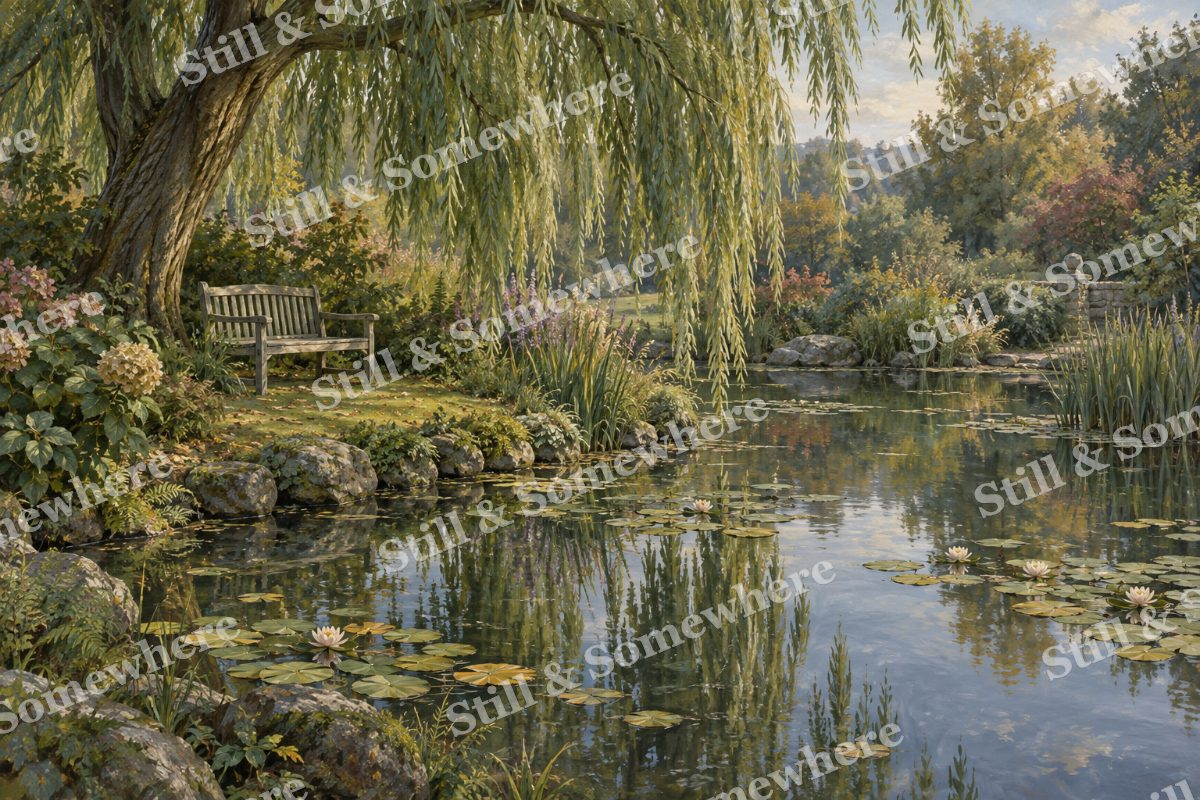 Willow Bench beside the Pond, original artwork preview