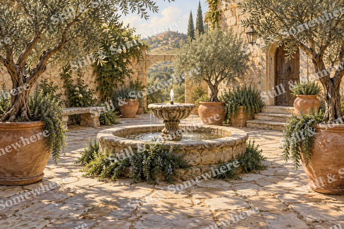 Courtyard Fountain and Olive Trees, original artwork preview