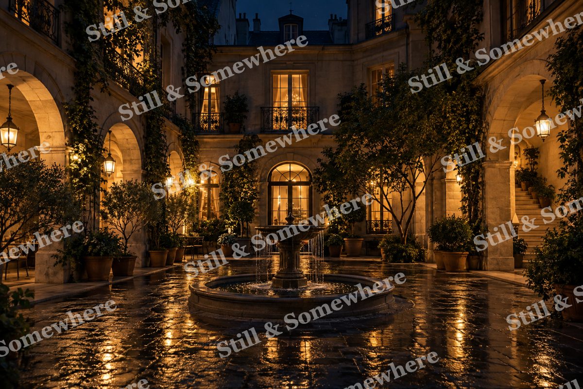 Lights Courtyard Fountain Evening, original artwork preview