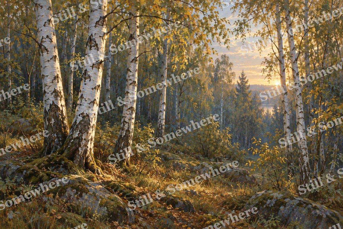 Silver Birches in Evening Light, original artwork preview