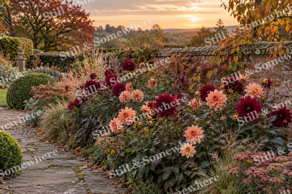 Dahlias by the Garden Wall, original artwork preview