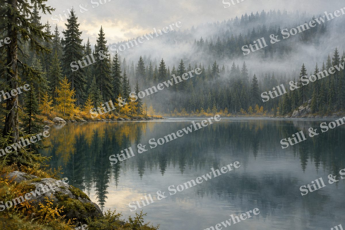 Forest Lake in September Mist, original artwork preview