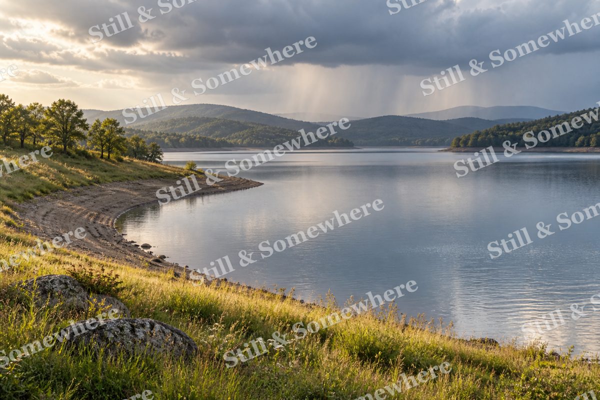 Landscapes Distant Rain Above a Tranquil Reservoir, original artwork preview
