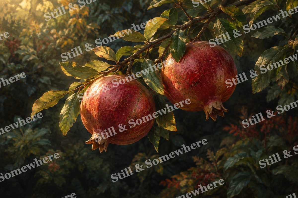 Pomegranate Branch in Warm Light, original artwork preview