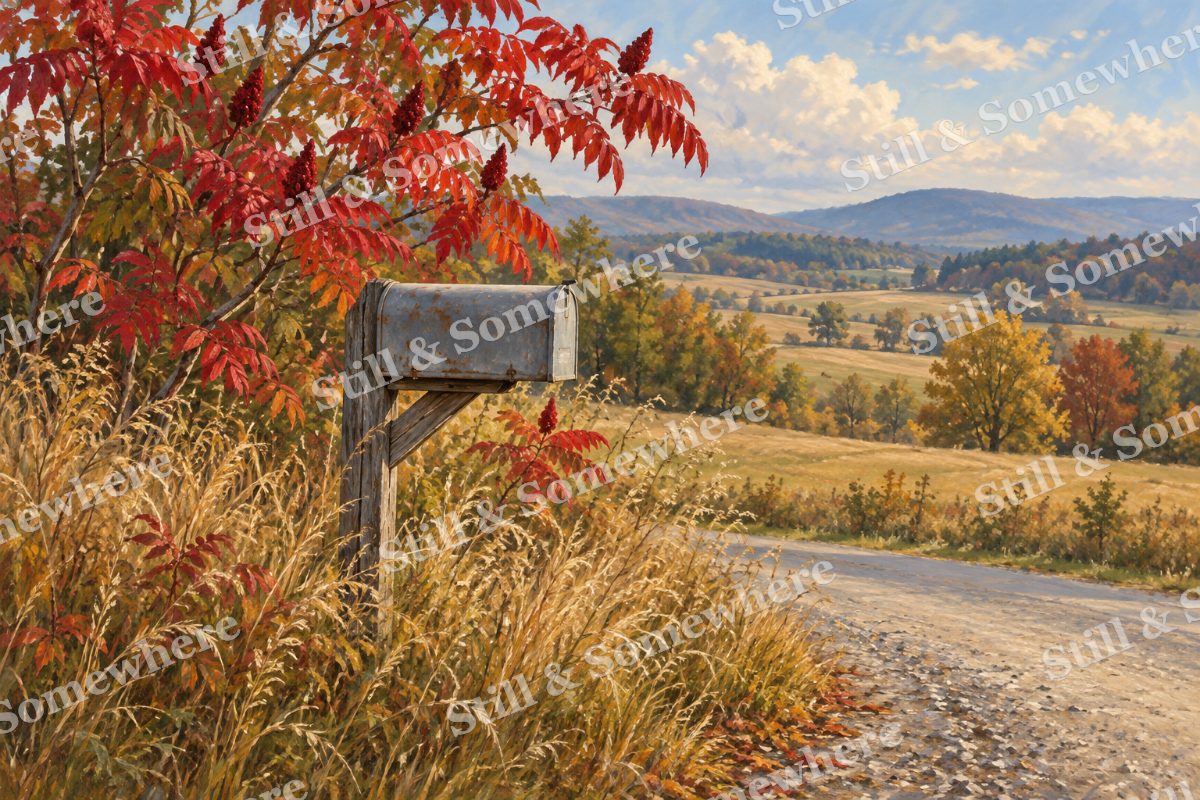 Rural Mailbox beneath Red Sumac, original artwork preview