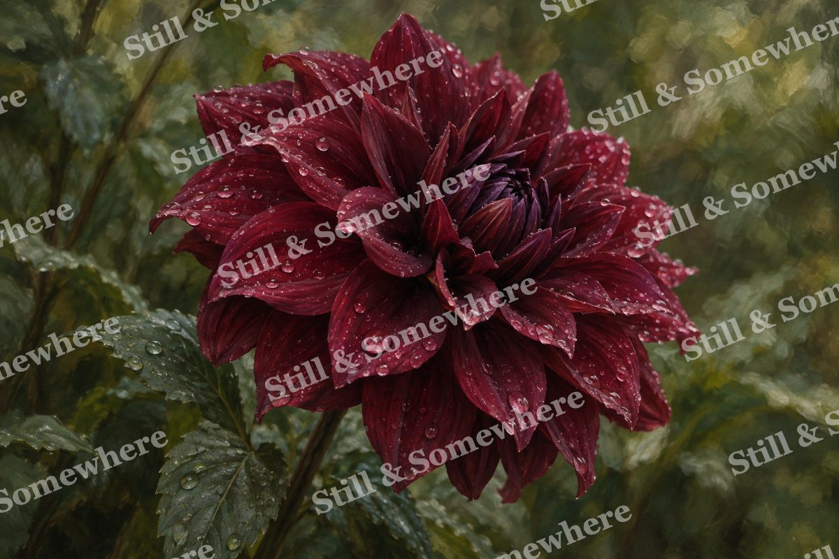 Burgundy Dahlia after Rain, original artwork preview