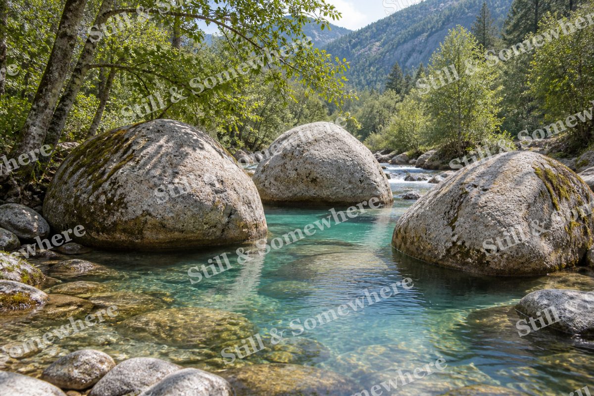 Landscapes Still Water Among Smooth River Boulders, original artwork preview