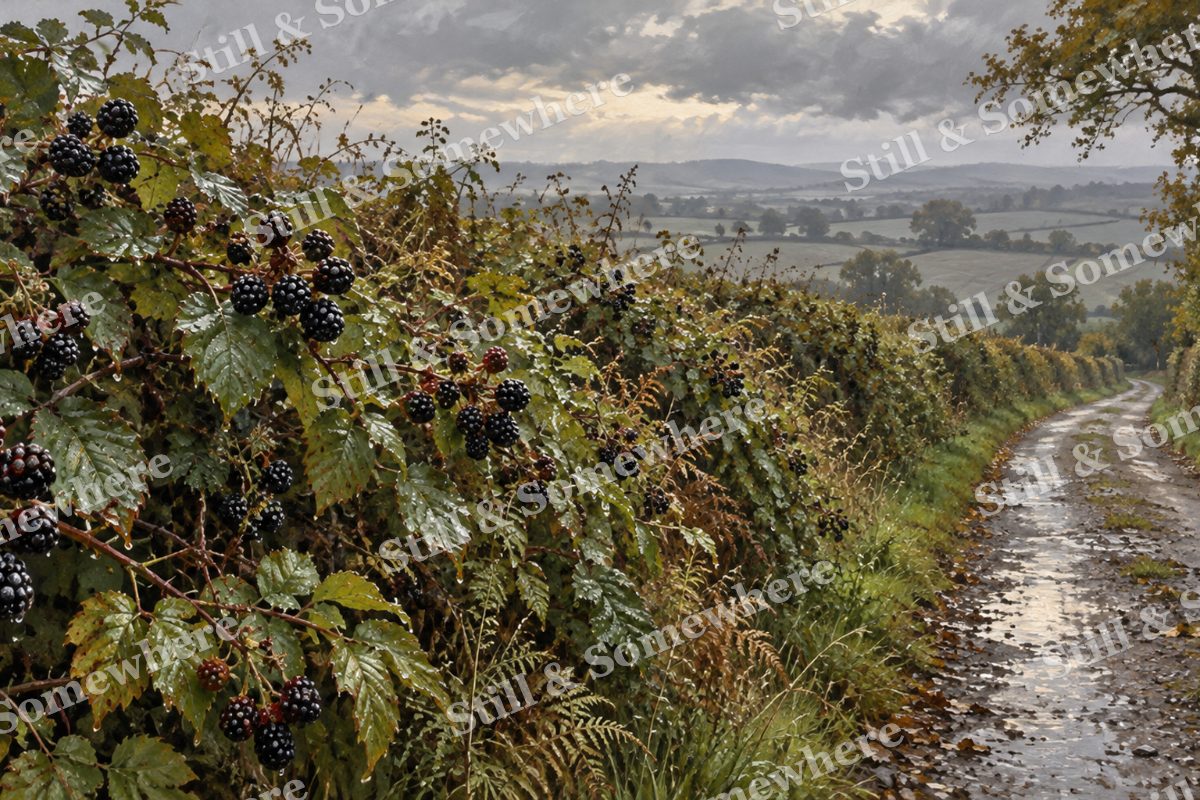 Blackberry Hedgerow after Rain, original artwork preview