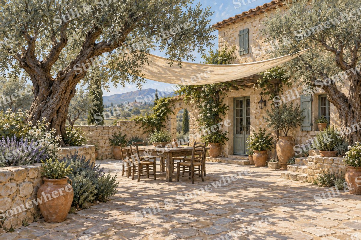 Quiet Courtyard with Olive Trees, original artwork preview