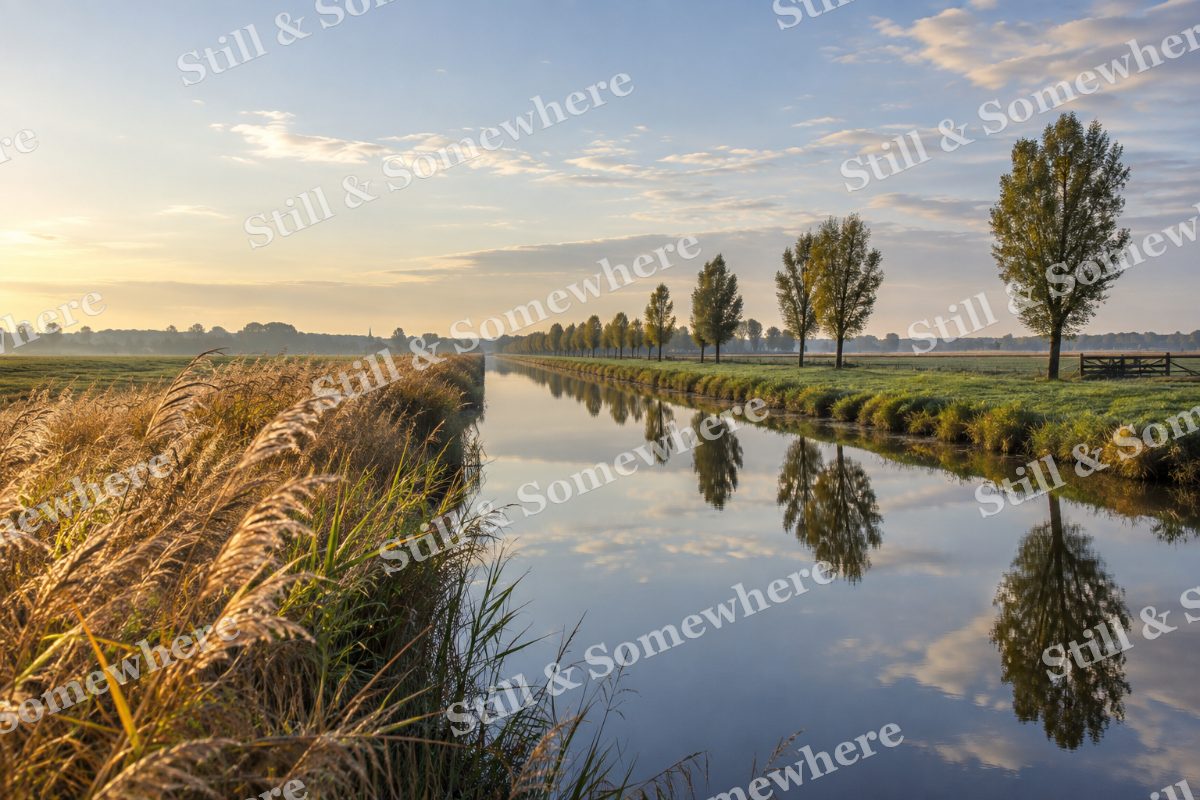 Landscapes Golden Grass Along a Quiet Canal, original artwork preview