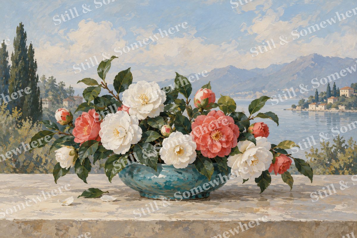 Camellias in a Shallow Vase, original artwork preview