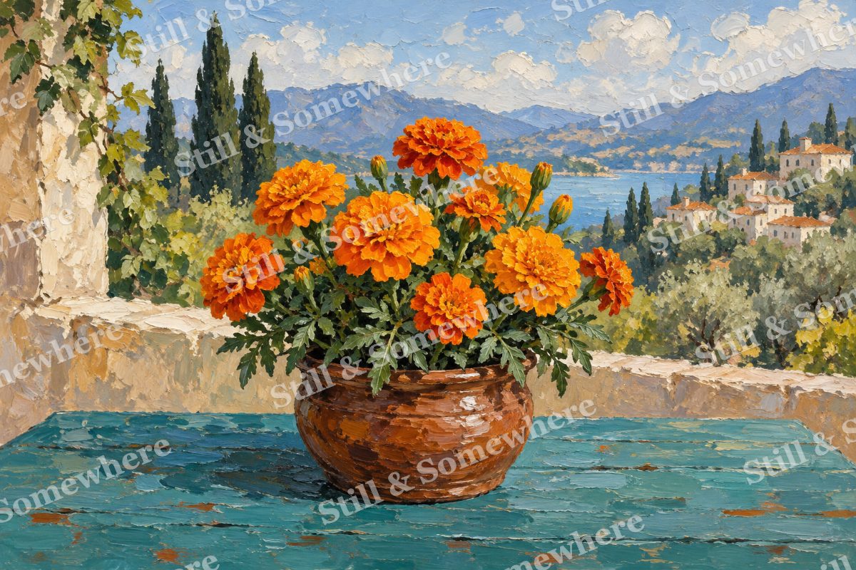 Marigolds in an Earthenware Pot, original artwork preview