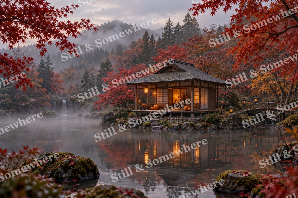 Halloween Teahouse in Mist, original artwork preview