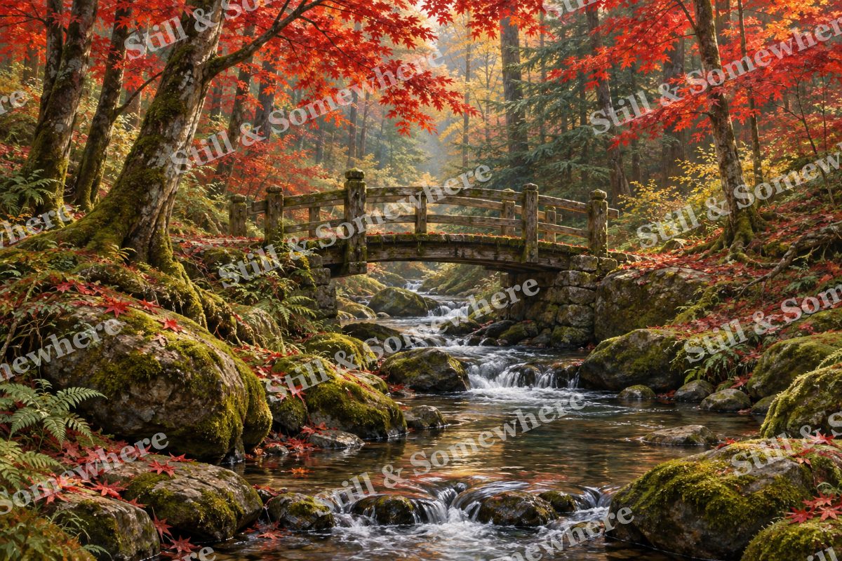 Mossy Bridge beneath Red Maples, original artwork preview